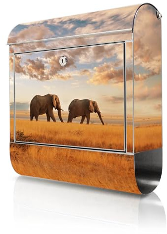 banjado Briefkasten Edelstahl 38x43x12cm & 2 Schlüssel - rostfreier Edelstahl Briefkasten mit Zeitungsfach - Postkasten A4 Einwurf inkl. Montagematerial - Motiv Elefanten