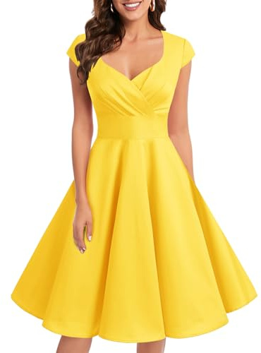 Bbonlinedress Women's Vintage 1950s cap Sleeve Rockabilly Cocktail Dress Multi-Colored Yellow XL