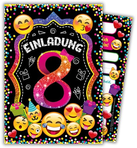 JuNa-Experten 12 Einladungskarten zum 8. Kindergeburtstag für Mädchen / Einladung achte Geburtstag / Einladungen zum Geburtstag / Kartenset für Kindergeburtstag / Glitzerdruck