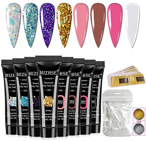 MIZHSE Glitter Poly Nail Gel Set Nail Extension Builder Gel 8 Colors 15ml Manicure Soak Off UV Gel Nail Art Kit