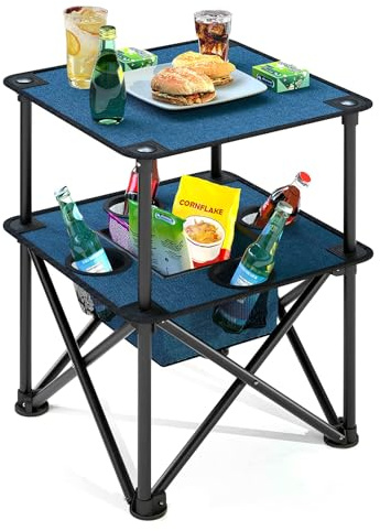 ARMOR CASTLE Folding Camping Table, Portable Outdoor Picnic Table, Lightweight Square Camp Table with Built-in 4 Cup Holders Food Basket and Travel Bag for Barbeque Beach Camping and Tailgate Blue