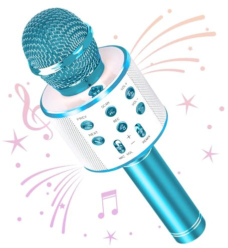 Wowstar Wireless Microphone, Karaoke Bluetooth Microphone for Kids Adults, Portable Toy Karaoke Mic Speaker Machine, Home KTV Player Support Android & iOS Devices for Party Singing Blue Bugle Brass