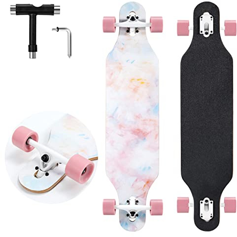 TLHB Longboard Skateboard, 41 Inch Drop Through Longboard Complete 9-Ply Nature Maple Premium Cruiser Long Board for Adults, Teens and Kids - High-Speed Bearings & T-Tool-Pink