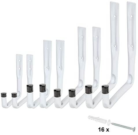 VORMANN Wandhaken Gerätehaken Garagenhaken Lasthaken Haken | Stahl weiß | Traglast 5 kg | witterungsbeständig | U-Form | 8-teiliges Set | 4 Größen
