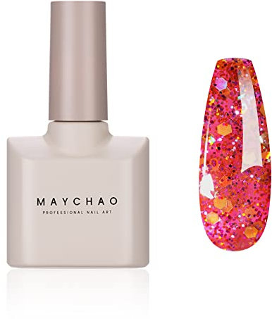 MAYCHAO Glitter Gel Nail Polish, 15ML Pink Glitter Nail Varnish, Soak Off UV LED Gel Polish Nail Art Starter Manicure Salon DIY at Home, 0.5 OZ