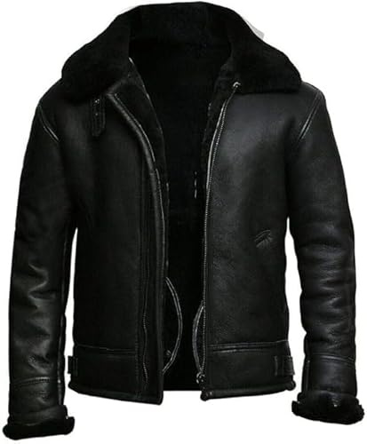 Mens Raf Aviator Leather Jacket B3 Flying Bomber Fashion WW2 Pilot Winter Sheepskin Leather Jacket (as8, alpha, l, regular, regular, Black Sheep With Black Fur)