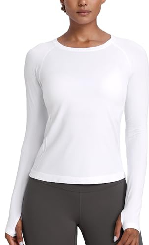CRZ YOGA Women's Seamless Sports Long Sleeve Shirts Ribbed Running Shirt with Thumb Hole Breathable Quick Dry Fitness Tops White 10