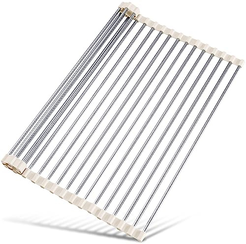 Tomorotec Escurridor enrollable para secar platos sobre el fregadero, cubierta para fregadero, accesorios para fregadero de cocina, organizador multiusos, escurridor plegable de acero inoxidable, 45 x