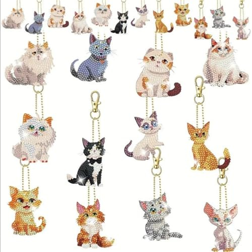 Jodsen 12 Stück DIY Diamond Art Schlüsselanhänger,Doppelseitig Katze Design Diamant Malerei Schlüsselbund für Erwachsene Kinder,Handwerk Mosaik Diamant Kunst Kit Anhänger für Tasche Dekor (A-Cat)