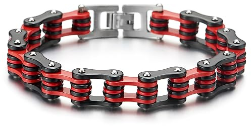 COOLSTEELANDBEYOND Pulsera de Hombre, Bike Chain Cadena Bicicleta Brazalete de Acero Inoxidable, Rojo Negro Pulido