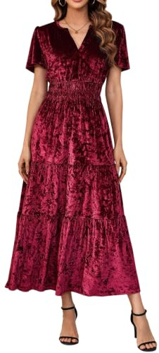R.Vivimos Automne Hiver Femmes Velours Maxi Robe Manches Courtes V Col en échelons Ruffle Une Ligne Robe Vintage(L,Crushed-WineRed)