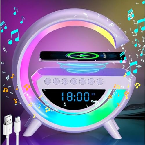 BENNTOR Lampe LED colorée avec haut-parleur Bluetooth intelligent en forme de G, lampe de chevet chargeur sans fil et USB, réveil table de chevet