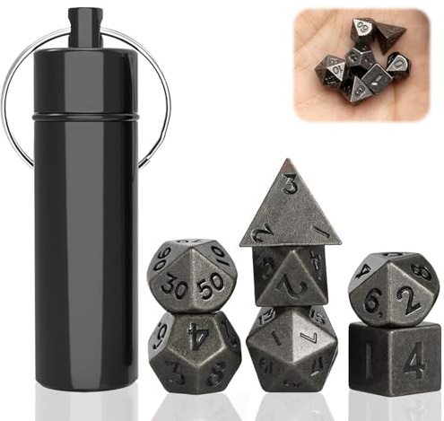 Uirheurd 7 Stück Mini Dice Set, DND Würfel Set mit Würfel Fall Schlüsselanhänger, Winzige Metall Dice Polyedrisches Würfel Set für Dungeons und Dragons DND RPG MTG Würfel Tischspiele Gifts
