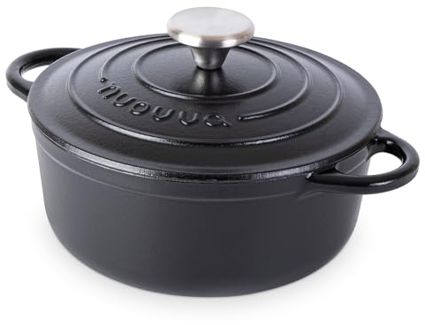 Casseruola in Ghisa Smaltata, Pentola Olandese Antiaderente con Coperchio, Induzione/Gas/Forno, Cottura Omogenea – 2.1 Liter 20cm Nero – da Nuovva