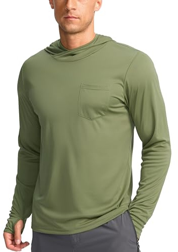 Men's Sun Protection Shirts UPF 50+ Long Sleeve Hoodie with 2 Pockets UV SPF Fishing Hiking Rash Guard Shirts (Olive, Large)