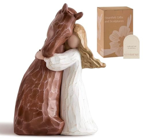 Storieme Pferde-Geschenke für Frauen: Mädchen umarmende Pferde handbemalte Stuff Figuren Statue Dekoration Gedenkgeschenk für Pferdeliebhaber Reiterin