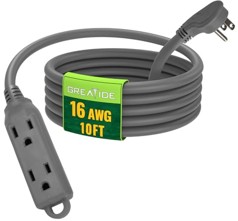 GREATIDE Cavo di prolunga con spina piatta, 3 m, 16/3 SJT per interni, a basso profilo, 3 uscite, con spina piatta ad angolo di 45°, prolunga con prese multiple, grigio