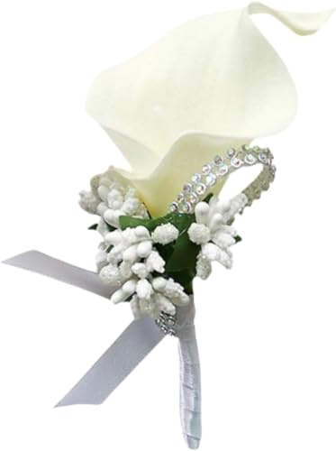 Fouriding Künstliche Calla Lily Boutonniere für Männer Hochzeit Bräutigam Trauzeuge Boutonniere für Hochzeit Party Prom Event Zeremonie Jahrestag (1, Milk White)