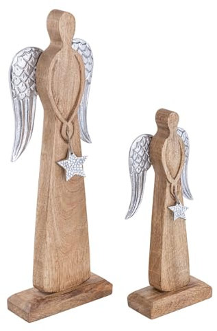 Amago home Dekofigur Engel 2er Set 12/16x32/47cm Weihnachtsdeko Aufsteller Mangoholz Aluminium