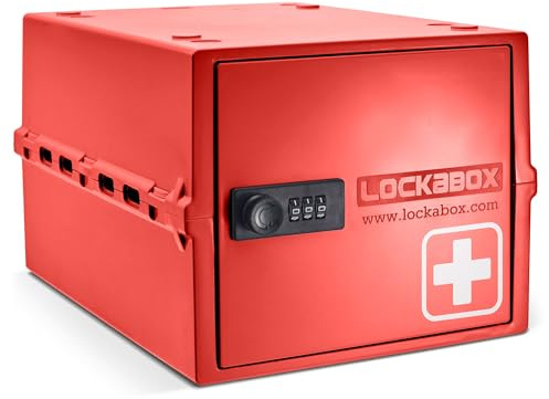 Lockabox One™ | Premium låsbar medicinlåda | Medelstor, lätt och hygienisk medicinlåda med lås | yttermått 31 x 21 x 17 cm (medi röd)