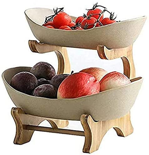 OQHAIR Oval Bowl Set 2/3 Tier with Natural Bamboo Rack, Tiered Ceramic Serving Tray Set for Fruit Dessert Appetizer Cake Candy Chip Dip(Size:Cream-Colored,Color:2 Layer)