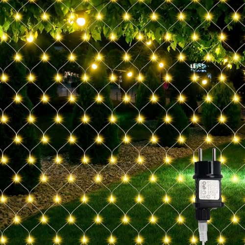 Cecaylie 4.5x1.6m lichternetz außen & inne, LED Warmweiß lichternetz mit 8 Modi + Memory-Funktion, IP44, zur Dekoration von Balkonen, Gärten und Häusern verwendet werden