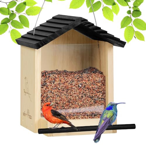 MIXXIDEA Vogelhaus aus Holz zum Aufhängen für Draußen wetterfest, Vogelfutterhaus mit schwarzem Dach, Vogelfutterspender mit großem Kapazität für Garten, 23 x 22 x 27 cm