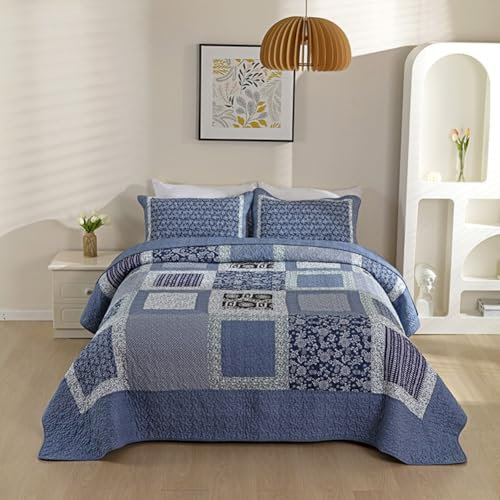 DMBAOD tagesdecke Baumwolle gesteppt,Patchwork Tagesdecke Bettüberwurf für Doppelbett,Vintage Sofaüberwurf Überwurfdecke Bett Sofa Decke Mit 2 Kissenbezügen blau 250x270cm