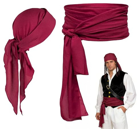 Augesak Pirate Kopftuch + Piraten Gürtel Schärpe, Pirate-Bandana Herren Damen, Piraten Stirnband Taillengürtel, Pirate Accessoires für Halloween Karneval Cosplay