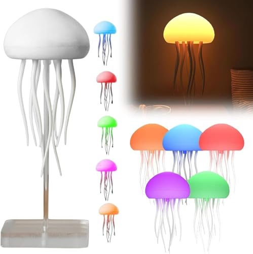 BomKra LED Quallen Lampe - RGB Farbverlauf Jellyfish Lamp, Quallenlampe mit Touch und Sprachgesteuerte, Aufladbar Quallen Nachtlicht für Dekoratives Atmosphärenlicht (Hängend Stil + Sockel)