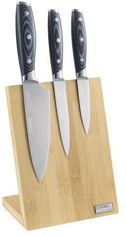 Cooks Professional Ultimate 3 Piece Knife Set with Magnetic Bamboo Knife Block & Micarta Handles | Durable Satin Finish Premium Stainless-Steel Blades | Home Kitchen Paring, Utility & Chef Knives