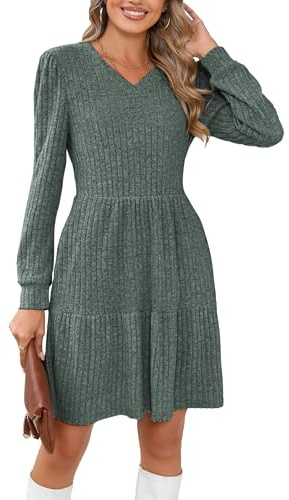 Famulily Ladies Jumper Dresses for Women Casaul Tunic Dress Loose Swing Knitted Skater Dress High Waist Outfits with Pockets Green M