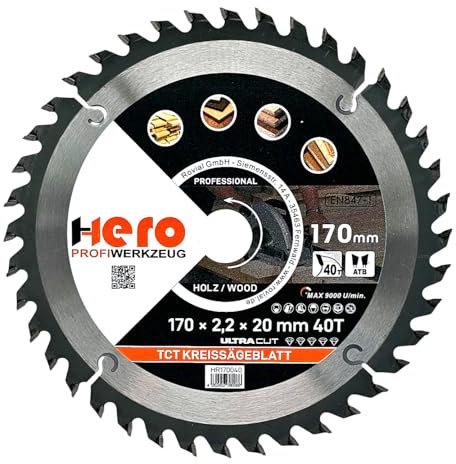HERO Kreissägeblatt Hartmetall Sägeblatt TCT Ersatzsägeblatt Sägeblätter Kreissäge Holz/ALU Kreissägeblätter Tischkreissäge, Kappsäge (Für Holz/Holzwerkstoffe, Ø 170 x 20/16mm, 40T)