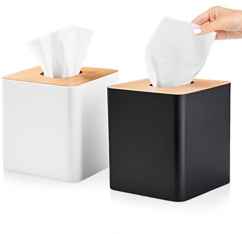 RETON quadratischer Kunststoff-Taschentuchbox-Halter mit Bambus-Deckel, würfelförmiger Taschentuchspender für Wohnzimmer, Büro, Heimdekoration, Nachttisch (schwarz + weiß)