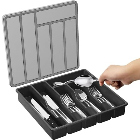 Couvert avec couvercle, rangement pour tiroir de cuisine et plan de travail, range-couverts en plastique pour cuillères, fourchettes, couteaux, 6 compartiments, 32 x 30