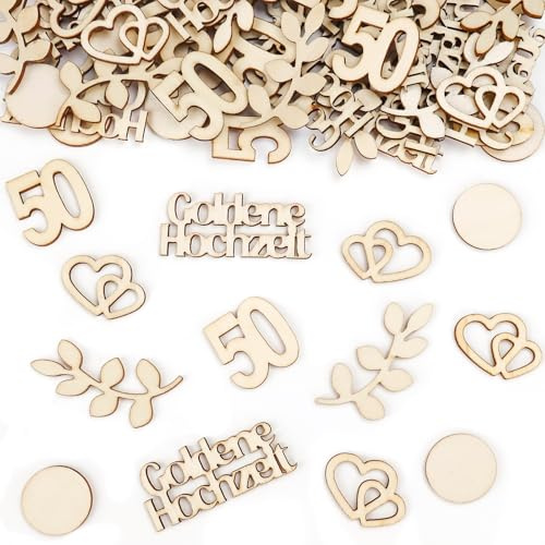 GoldRock Holz Konfetti Goldene Hochzeit Deko Groß 2,5-5,5cm, 100 Stück Herzen Deko Goldene Hochzeit 50 Jahre, Tischdeko Goldenen Hochzeite Streudeko, Hochzeitsdeko Tisch,Herz Hochzeitsdekoration Streu