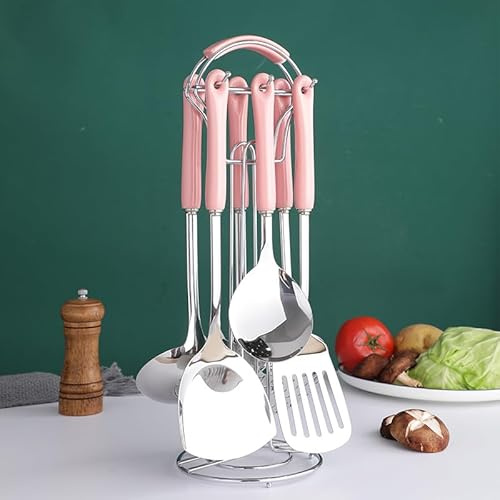 Kochsilien-Set Mit Halter, 7-Teilig, Küchen-Kochgeschirr-Set Aus Edelstahl, Küchensilien-Set Aus Metall Mit Hitzebeständigem Keramikgriff Für Zuhause,Pink
