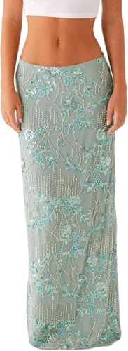 Frauen Y2k Pailletten Langer Rock Sparkly Beaded Floral Maxi Rocks Strass Glitter Midi Rock Streetwear (Grün,M)
