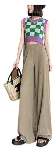 Pantalones Seda De Hielo Pantalones Anchos de Gasa de Seda Helada for Mujer, pantalón de chándal Holgado y Fino, con Cintura elástica y Pliegues, Estilo Informal, Liso, for Verano(Coffee,L)