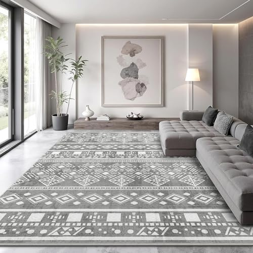 XSIVOD Matta 200x280 cm Kort Lugg - Tvättbar Halksäker Vardagsrumsmatta, Boho Vintage Design, Extra Stor Matta för Sovrum, Kök, Matsal, Kontor, Grå
