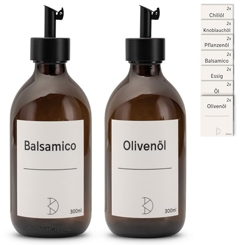 Koffs Design 2 Stück Ölflaschen zum Befüllen - Moderner Ölspender aus Braunglas mit Edelstahl Ausgießer – Spender für Öl, Essig und Balsamico - verschiedene Aufkleber - 300ml - mit Stickern