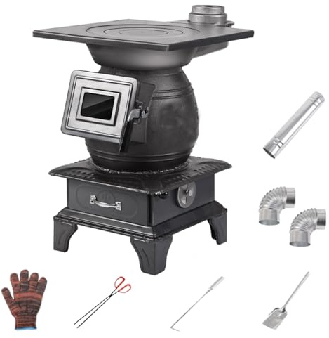 Cast Iron Wood Burning Stove With Fast Heating & Multi-Fuel Support, Indoor Pellet Stoves For Home Heating, Cooking & Boiling, Removable Ashs Drawer(2m chimney)