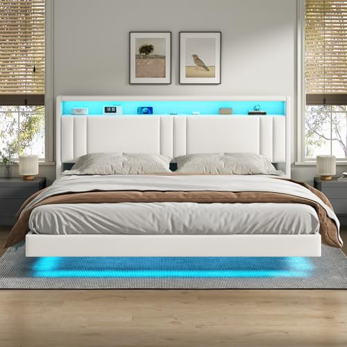 KIMENICH Polsterbett 180x200 cm, Schwebebett, Bettrahmen mit LED-Beleuchtung, Ladestation, Doppelbettgestell, Bettgestell mit Kopfteil, Bett, Schwebender visueller Effekt, für Schlafzimmer, PU Weiß