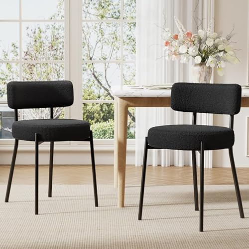 Ckaff Esszimmerstühle 2er Set, Küchenstuhl Stühle Esszimmer mit Rückenlehne und Metallbeinen, Gepolsterte Runde Boucle Stühle aus Teddy Stoff, Dining Chairs für Esszimmer Wohnzimmer, Schwarz