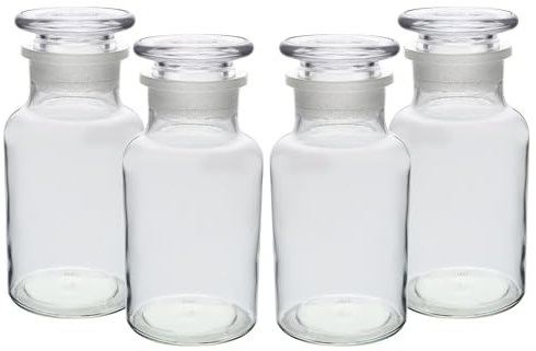 UNIQUE HOME LIVING UHL Apothecary Jar Set of 4 Reagent Bottles, 250ml Clear Glass Storage Jars with Lid, Vintage Reusable Container Refillable Bottles for Essential Oils, Bath Salts, Lotion, Perfume