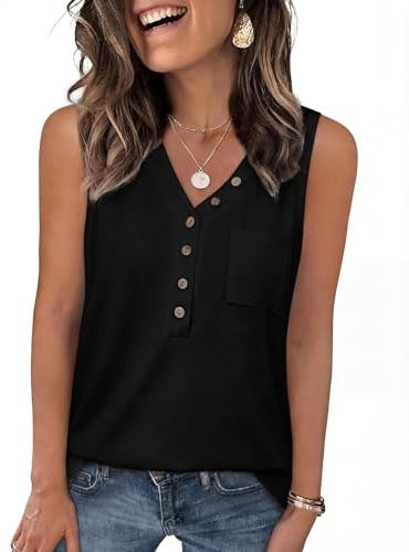 Aottori Women Summer Tank Top V Neck Loose Plain Stretch Button Pocket Vest | V Neck Detail Button Front Detail Front Pocket Design Stretch Fabric Plain Finish Loose Fit Shape Tunic Shape Elegant Styling