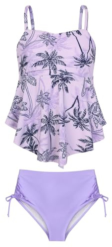 GRACE KARIN Costume da bagno Tankini da ragazza, 2 pezzi, con stampa top con imbottitura rimovibile sul petto, tinta unita, Palme da cocco viola, 8 anni