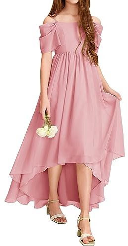 Haloumoning Abito da ragazza con spalle scoperte con volant, abito estivo per bambini, linea ad A, tinta unita, elegante, per feste, matrimoni, compleanni, feste, Colore: rosa., 13-14 Anni