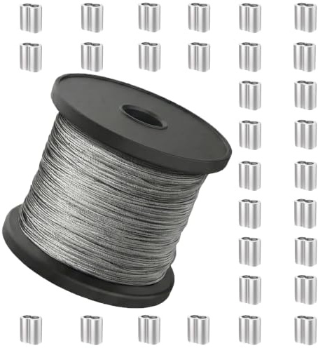 30 m 7 x 7 cable de alambre de acero inoxidable, cable de acero inoxidable recubierto de vinilo, hilos de acero inoxidable con 30 casquillos para colgar cortinas, fotos, luces, espejos, plata (1 mm)