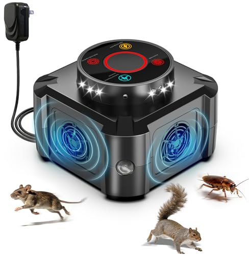 Mouse Repellent Plug in Ultrasonic Rodent Control Trap 4 Ultrasonic Modes + 12 LED Flash Light Indoor Repeller for Rat Squirrel Roach Spider Bugs Control Garage Attic Kitchen Basement etc.